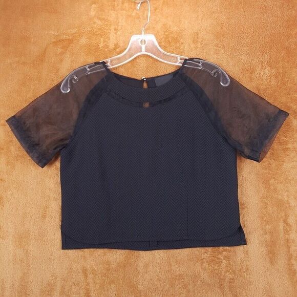 GREYLIN Top Womens XS Black Sheer Illusion Sleeve Crop Keyhole Neck Blouse - Picture 1 of 9